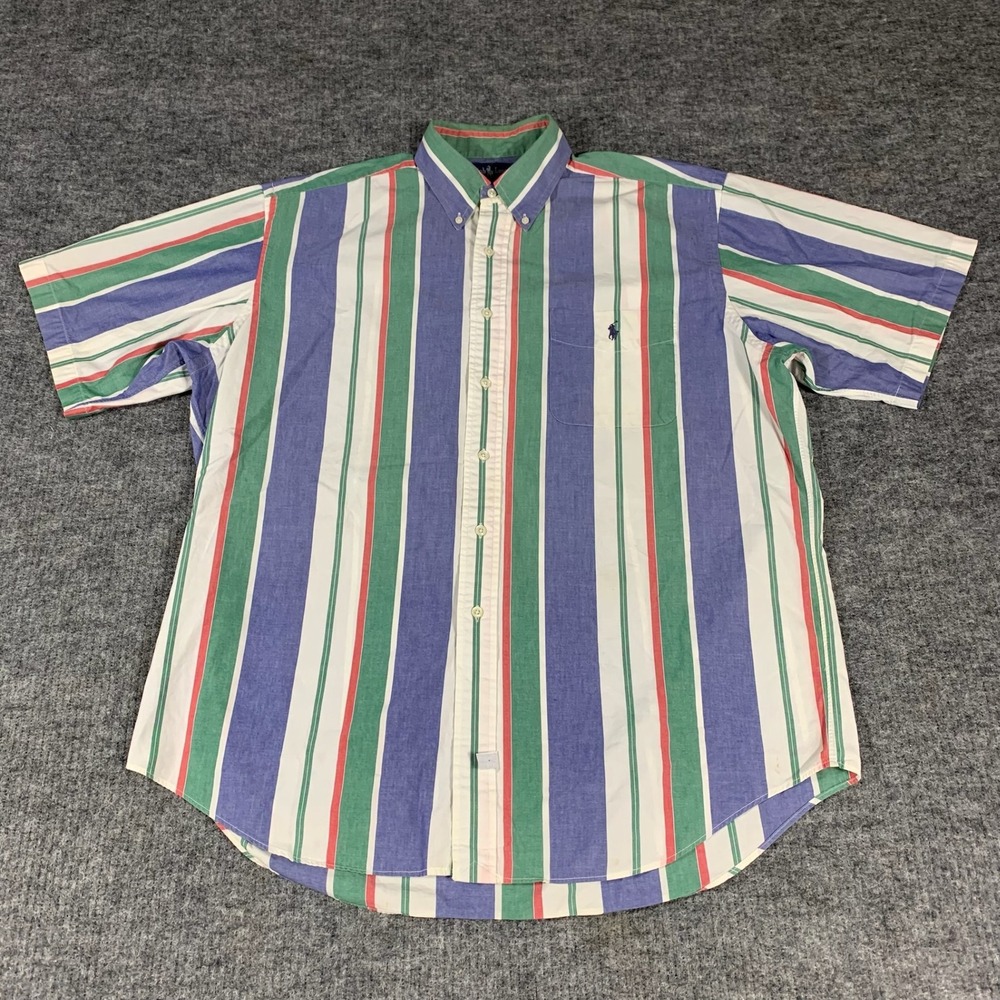 VTG Ralph Lauren Shirt Mens Large Colorful Striped Short Sleeve Button Down 90s